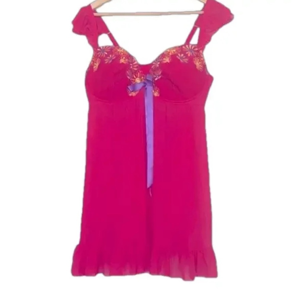 Cacique Baby Doll Barbie Pink Embroidered Bow Sheer Romantic Nightie Top Sz18/20